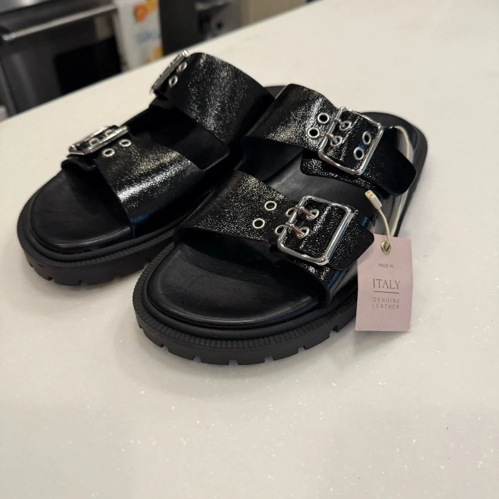 Christian Di Riccio Women’s Black Patent Leather Double Buckle Sandals Sz 8.5